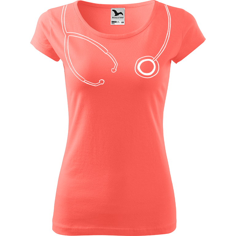 Ručně malované dámské bavlněné tričko - Stetoskop Barva trička: KORÁLOVÁ, Velikost trička: XL, Barva motivu: BÍLÁ