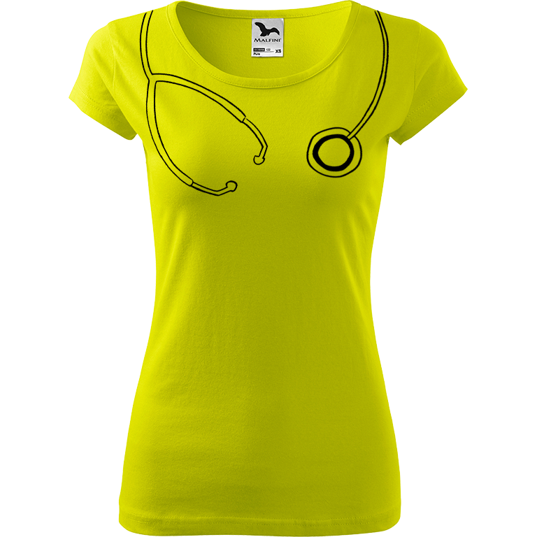 Ručně malované dámské bavlněné tričko - Stetoskop Barva trička: LIMETKOVÁ, Velikost trička: L, Barva motivu: ČERNÁ