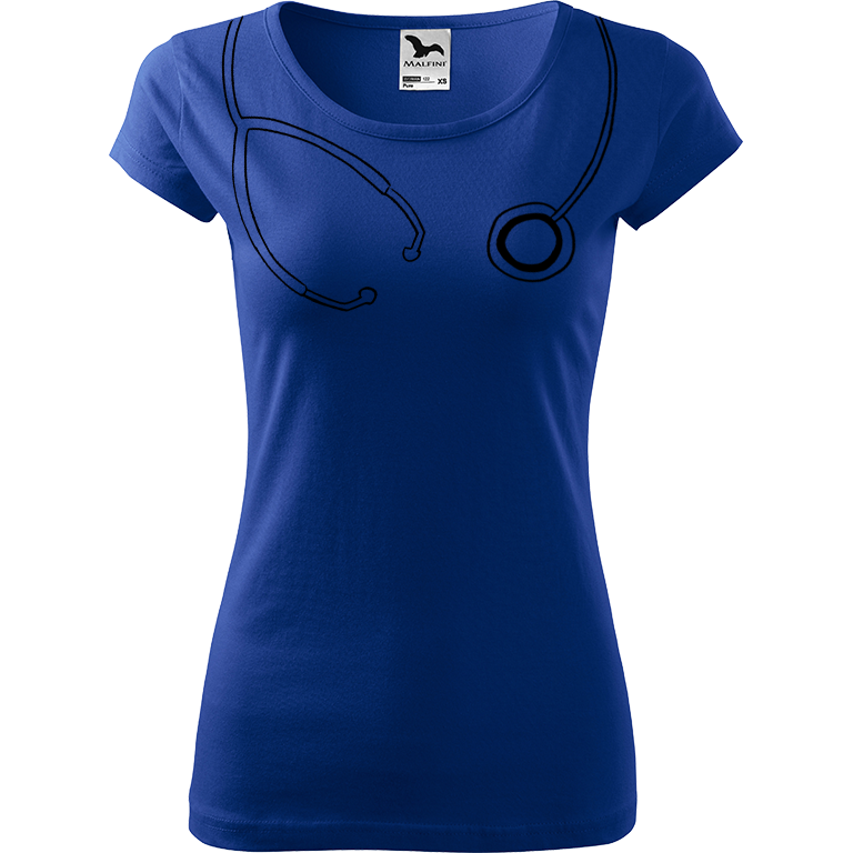 Ručně malované dámské bavlněné tričko - Stetoskop Barva trička: MODRÁ, Velikost trička: M, Barva motivu: ČERNÁ