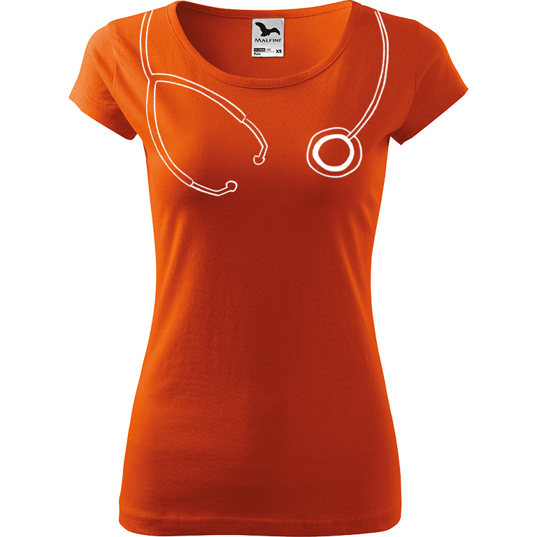 Ručně malované dámské bavlněné tričko - Stetoskop Barva trička: ORANŽOVÁ, Velikost trička: XS, Barva motivu: BÍLÁ