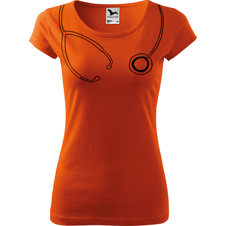 Ručně malované dámské bavlněné tričko - Stetoskop Barva trička: ORANŽOVÁ, Velikost trička: M, Barva motivu: ČERNÁ