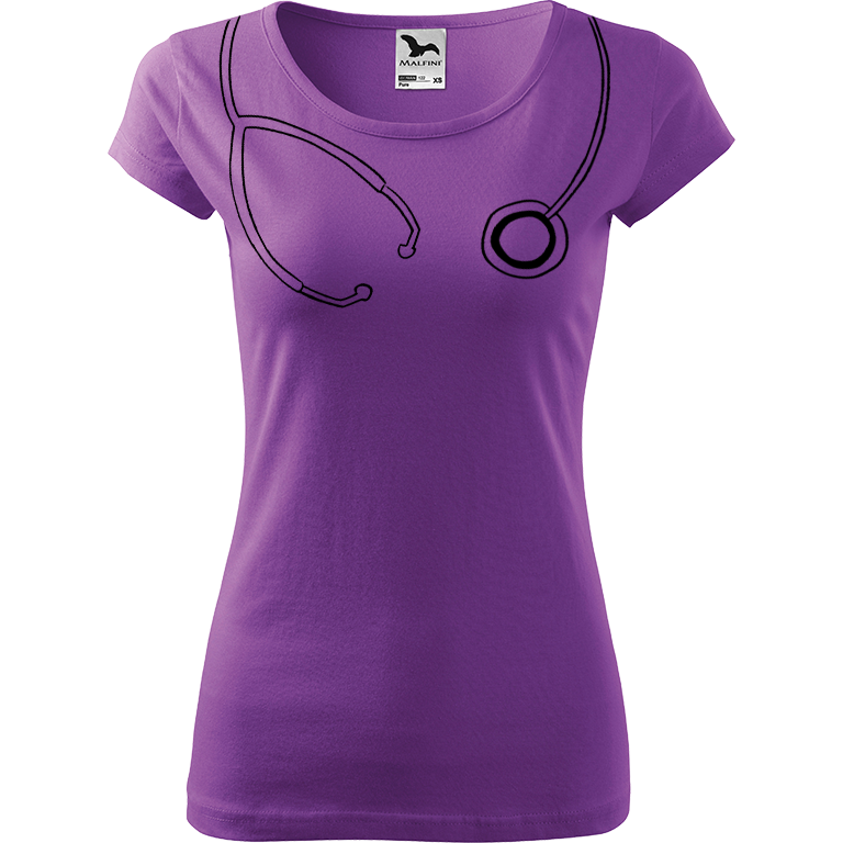 Ručně malované dámské bavlněné tričko - Stetoskop Barva trička: FIALOVÁ, Velikost trička: XS, Barva motivu: ČERNÁ