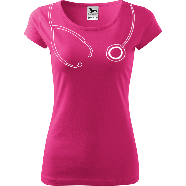 Ručně malované dámské bavlněné tričko - Stetoskop Barva trička: RŮŽOVÁ, Velikost trička: XL, Barva motivu: BÍLÁ