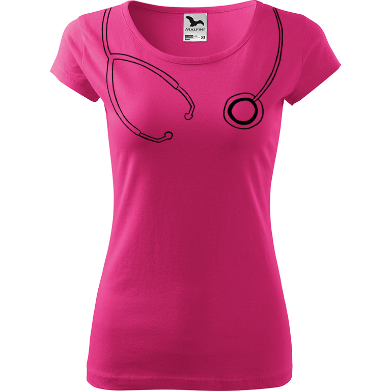Ručně malované dámské bavlněné tričko - Stetoskop Barva trička: RŮŽOVÁ, Velikost trička: XL, Barva motivu: ČERNÁ