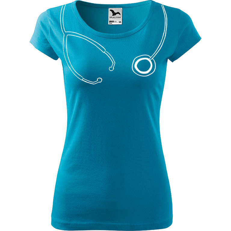 Ručně malované dámské bavlněné tričko - Stetoskop Barva trička: TYRKYSOVÁ, Velikost trička: M, Barva motivu: BÍLÁ