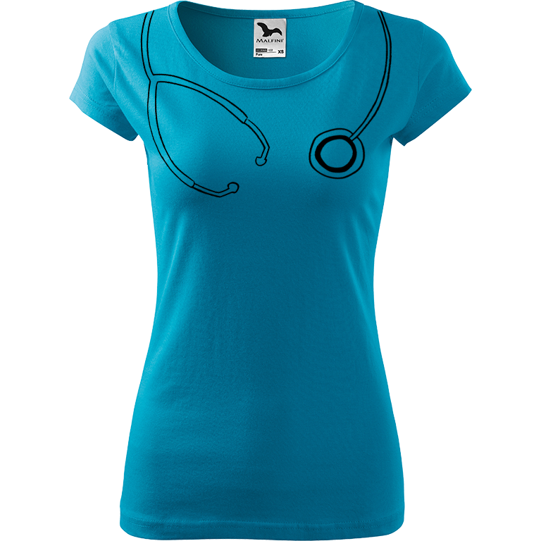 Ručně malované dámské bavlněné tričko - Stetoskop Barva trička: TYRKYSOVÁ, Velikost trička: M, Barva motivu: ČERNÁ
