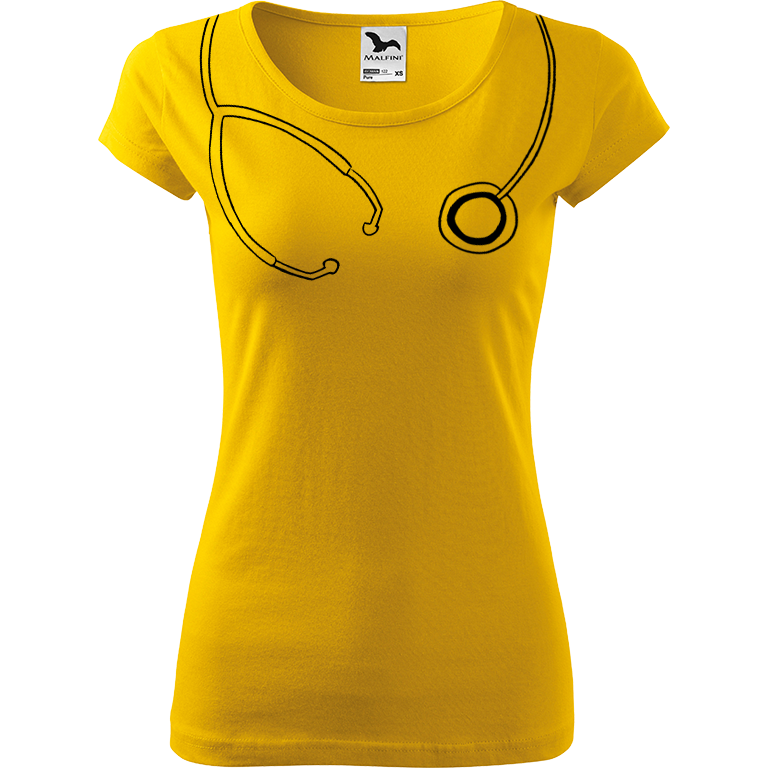 Ručně malované dámské bavlněné tričko - Stetoskop Barva trička: ŽLUTÁ, Velikost trička: M, Barva motivu: ČERNÁ