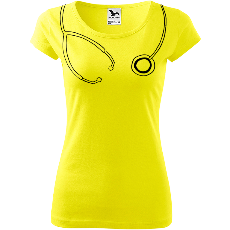 Ručně malované dámské bavlněné tričko - Stetoskop Barva trička: CITRONOVÁ, Velikost trička: XS, Barva motivu: ČERNÁ