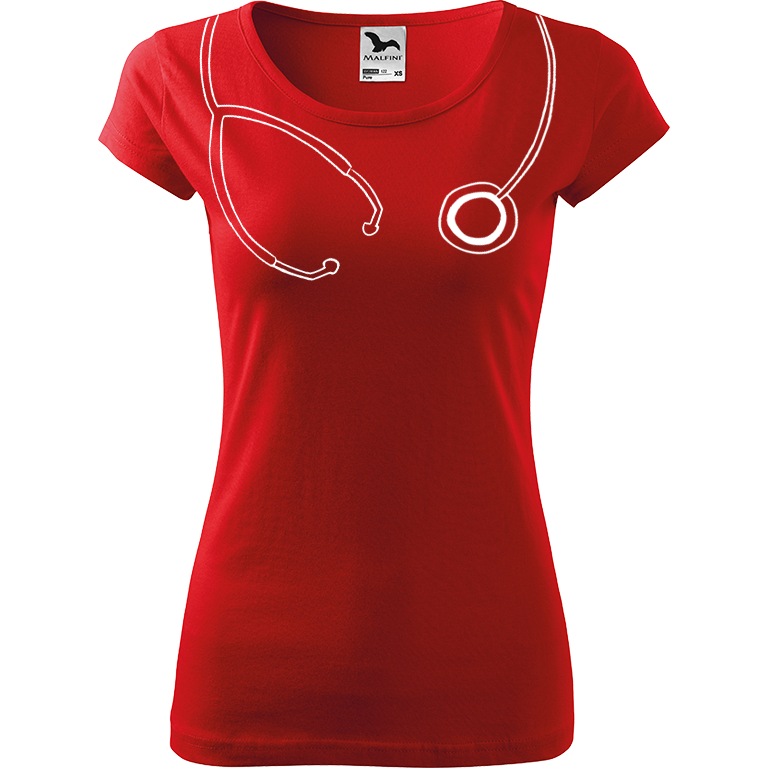 Ručně malované dámské bavlněné tričko - Stetoskop Barva trička: ČERVENÁ, Velikost trička: XS, Barva motivu: BÍLÁ