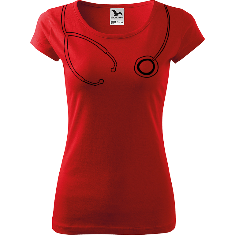 Ručně malované dámské bavlněné tričko - Stetoskop Barva trička: ČERVENÁ, Velikost trička: XS, Barva motivu: ČERNÁ