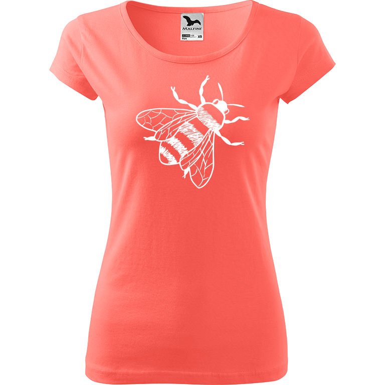 Ručně malované dámské bavlněné tričko - Včela Barva trička: KORÁLOVÁ, Velikost trička: XL, Barva motivu: BÍLÁ
