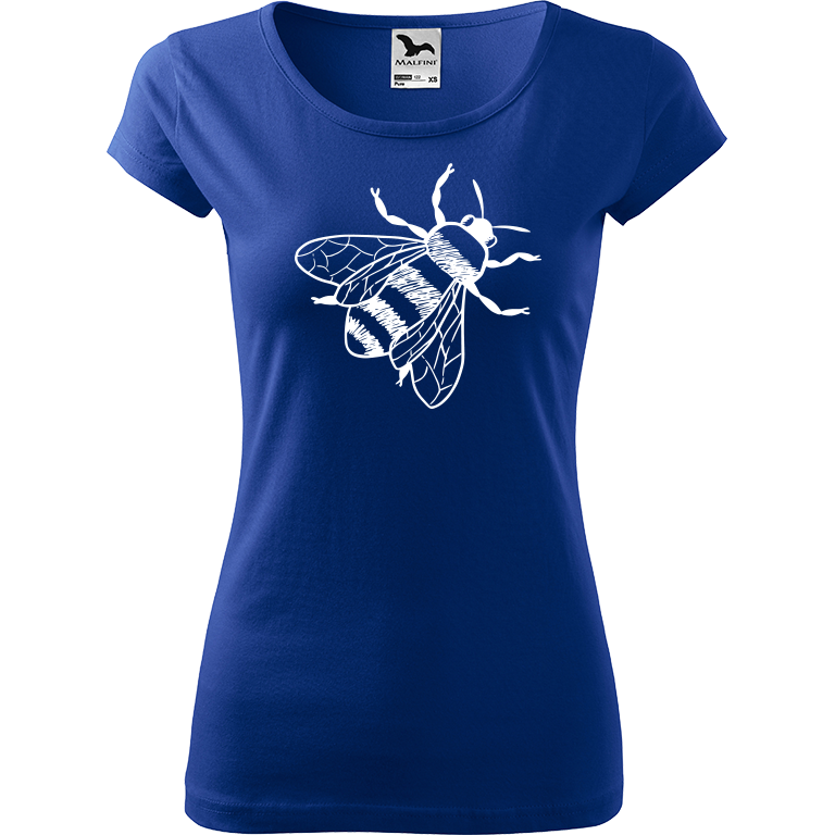 Ručně malované dámské bavlněné tričko - Včela Barva trička: MODRÁ, Velikost trička: XL, Barva motivu: BÍLÁ