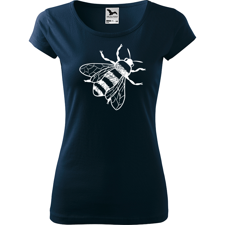 Ručně malované dámské bavlněné tričko - Včela Barva trička: NÁMOŘNICKÁ MODRÁ, Velikost trička: M, Barva motivu: BÍLÁ