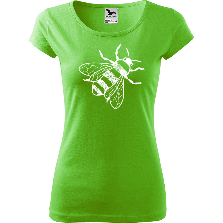 Ručně malované dámské bavlněné tričko - Včela Barva trička: SVĚTLE ZELENÁ, Velikost trička: XS, Barva motivu: BÍLÁ