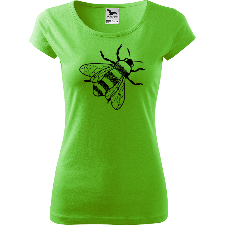Ručně malované dámské bavlněné tričko - Včela Barva trička: SVĚTLE ZELENÁ, Velikost trička: XS, Barva motivu: ČERNÁ