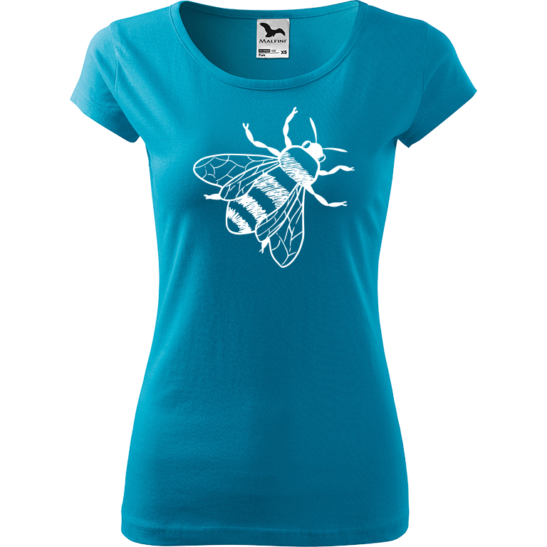 Ručně malované dámské bavlněné tričko - Včela Barva trička: TYRKYSOVÁ, Velikost trička: S, Barva motivu: BÍLÁ