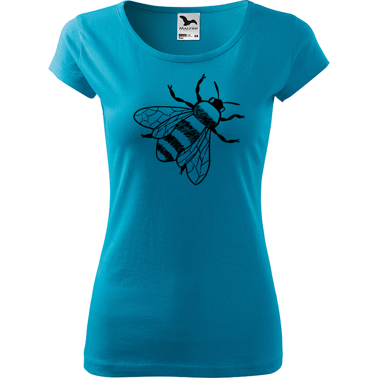 Ručně malované dámské bavlněné tričko - Včela Barva trička: TYRKYSOVÁ, Velikost trička: S, Barva motivu: ČERNÁ