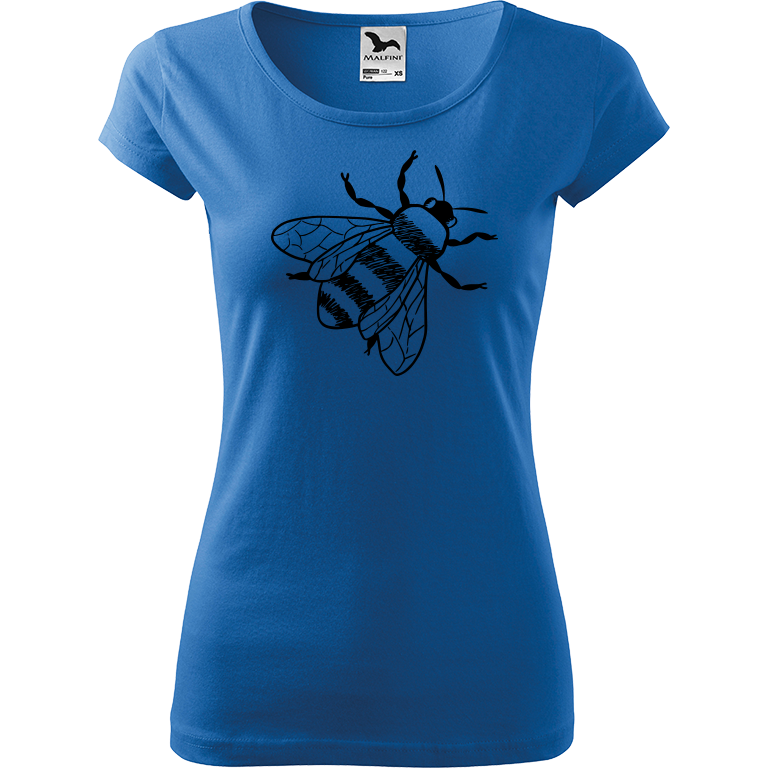 Ručně malované dámské bavlněné tričko - Včela Barva trička: AZUROVÁ, Velikost trička: L, Barva motivu: ČERNÁ
