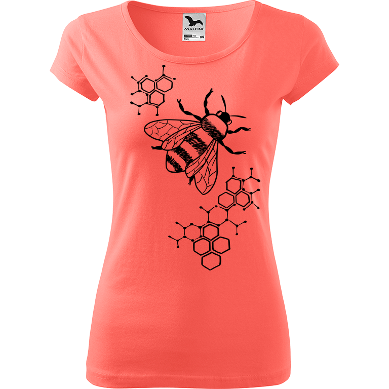 Ručně malované dámské bavlněné tričko - Včela - S plástvemi Barva trička: KORÁLOVÁ, Velikost trička: XS, Barva motivu: ČERNÁ