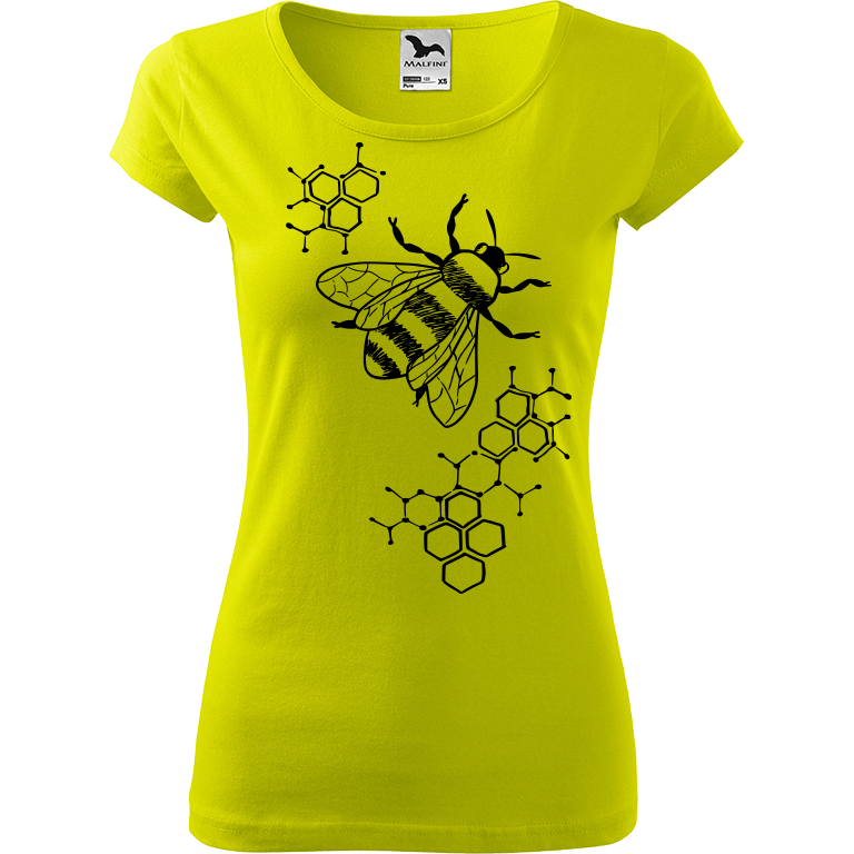 Ručně malované dámské bavlněné tričko - Včela - S plástvemi Barva trička: LIMETKOVÁ, Velikost trička: S, Barva motivu: ČERNÁ