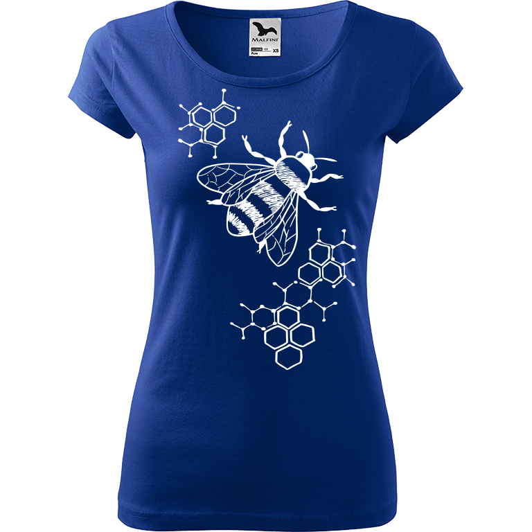 Ručně malované dámské bavlněné tričko - Včela - S plástvemi Barva trička: MODRÁ, Velikost trička: XS, Barva motivu: BÍLÁ