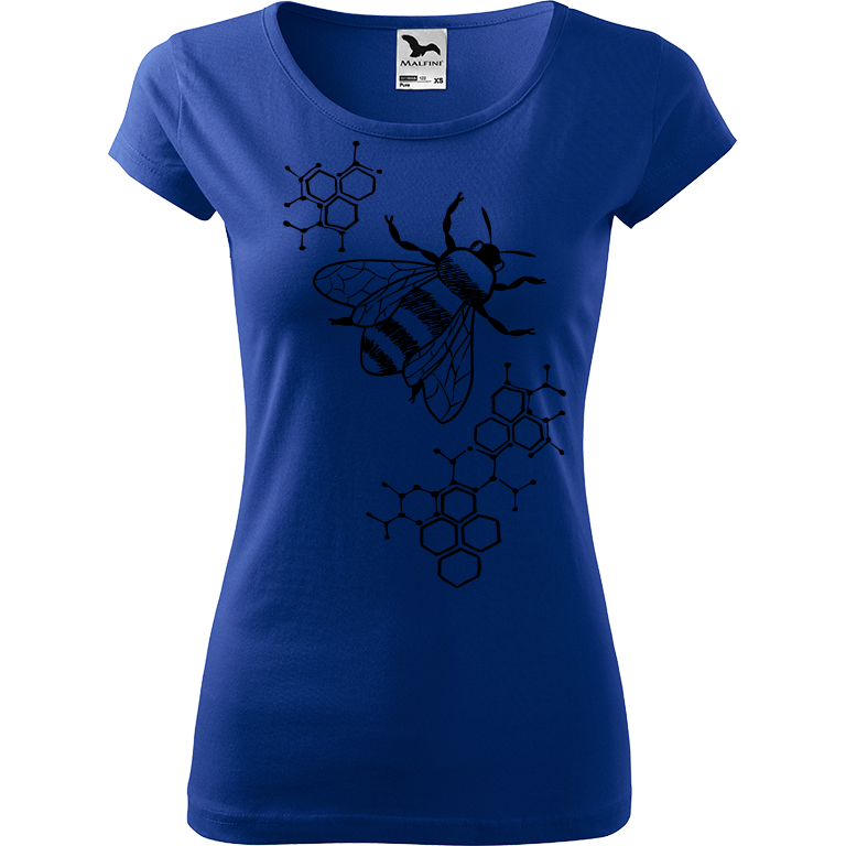 Ručně malované dámské bavlněné tričko - Včela - S plástvemi Barva trička: MODRÁ, Velikost trička: XS, Barva motivu: ČERNÁ
