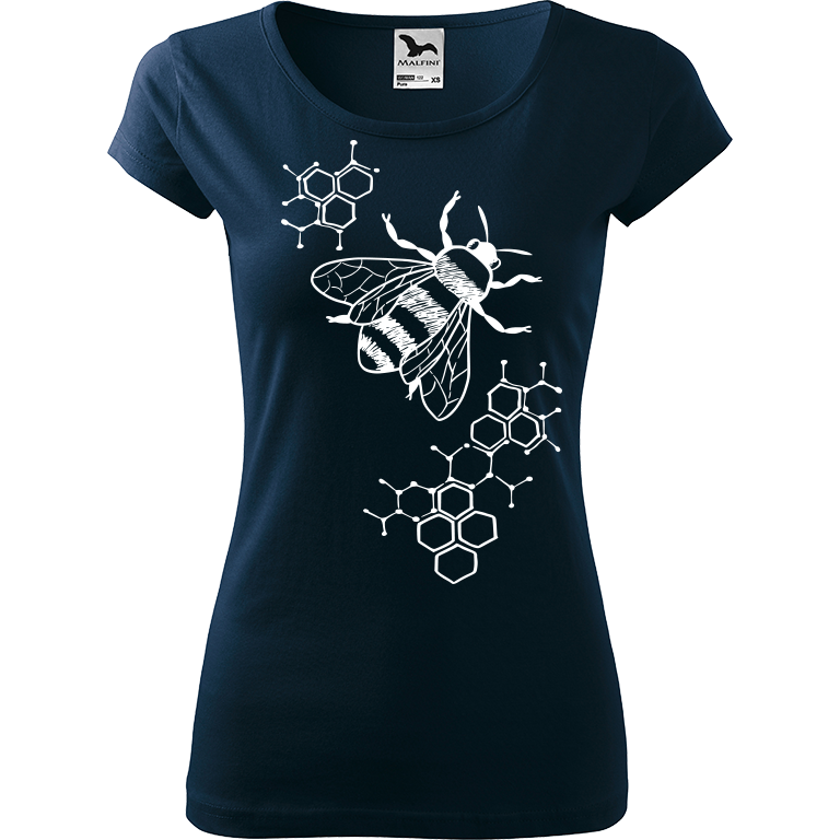 Ručně malované dámské bavlněné tričko - Včela - S plástvemi Barva trička: NÁMOŘNICKÁ MODRÁ, Velikost trička: S, Barva motivu: BÍLÁ