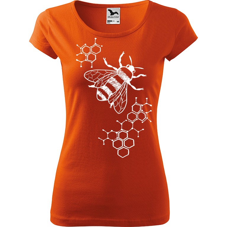 Ručně malované dámské bavlněné tričko - Včela - S plástvemi Barva trička: ORANŽOVÁ, Velikost trička: XS, Barva motivu: BÍLÁ