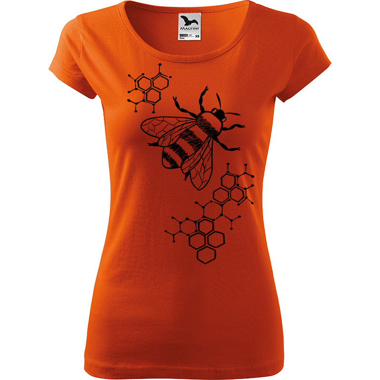 Ručně malované dámské bavlněné tričko - Včela - S plástvemi Barva trička: ORANŽOVÁ, Velikost trička: XL, Barva motivu: ČERNÁ