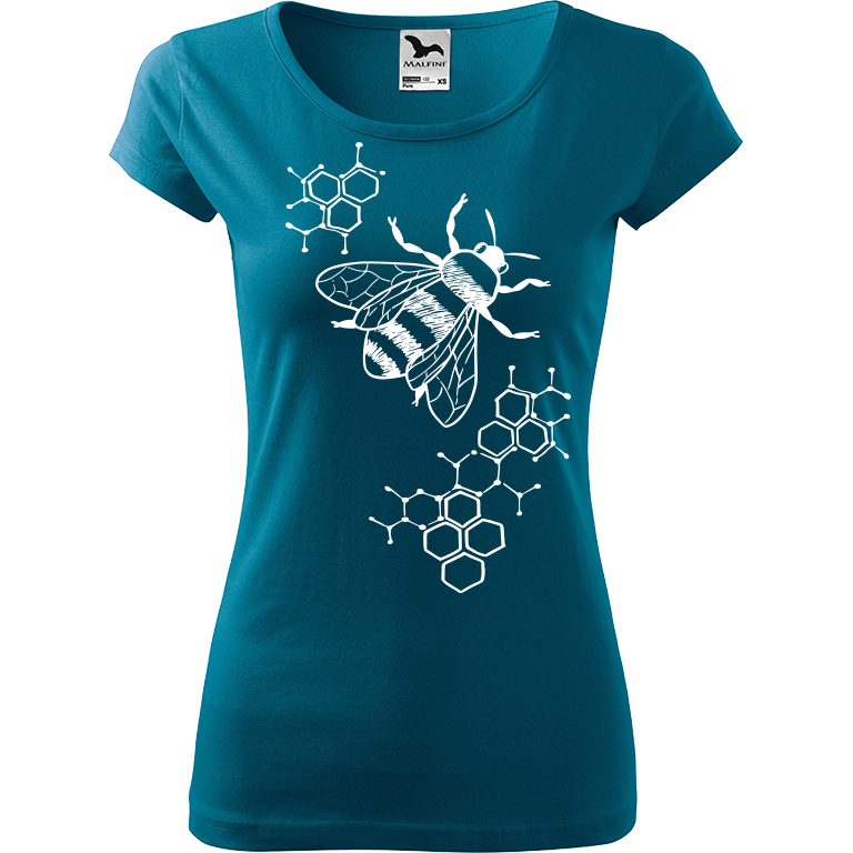 Ručně malované dámské bavlněné tričko - Včela - S plástvemi Barva trička: PETROLEJOVÁ, Velikost trička: XS, Barva motivu: BÍLÁ