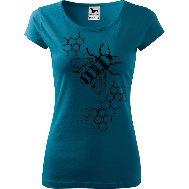 Ručně malované dámské bavlněné tričko - Včela - S plástvemi Barva trička: PETROLEJOVÁ, Velikost trička: M, Barva motivu: ČERNÁ