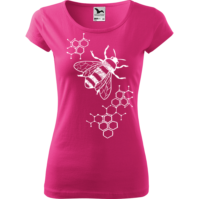 Ručně malované dámské bavlněné tričko - Včela - S plástvemi Barva trička: RŮŽOVÁ, Velikost trička: XS, Barva motivu: BÍLÁ