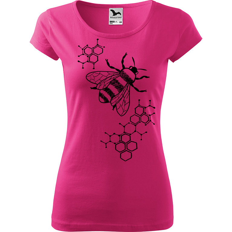 Ručně malované dámské bavlněné tričko - Včela - S plástvemi Barva trička: RŮŽOVÁ, Velikost trička: XL, Barva motivu: ČERNÁ