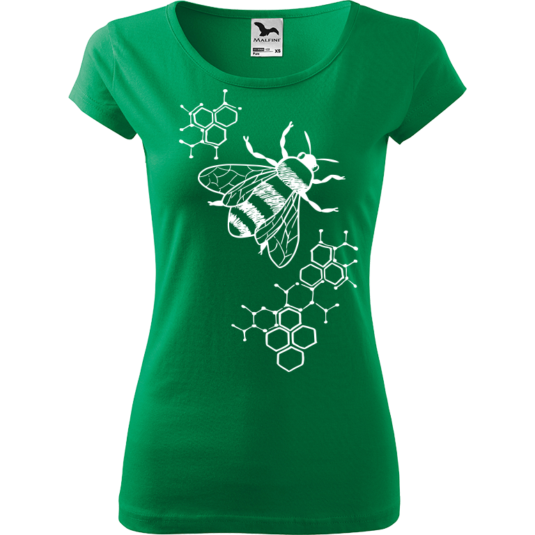 Ručně malované dámské bavlněné tričko - Včela - S plástvemi Barva trička: STŘEDNĚ ZELENÁ, Velikost trička: XL, Barva motivu: BÍLÁ