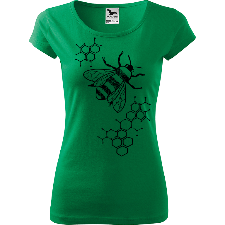 Ručně malované dámské bavlněné tričko - Včela - S plástvemi Barva trička: STŘEDNĚ ZELENÁ, Velikost trička: XL, Barva motivu: ČERNÁ