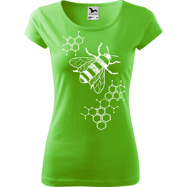 Ručně malované dámské bavlněné tričko - Včela - S plástvemi Barva trička: SVĚTLE ZELENÁ, Velikost trička: XS, Barva motivu: BÍLÁ