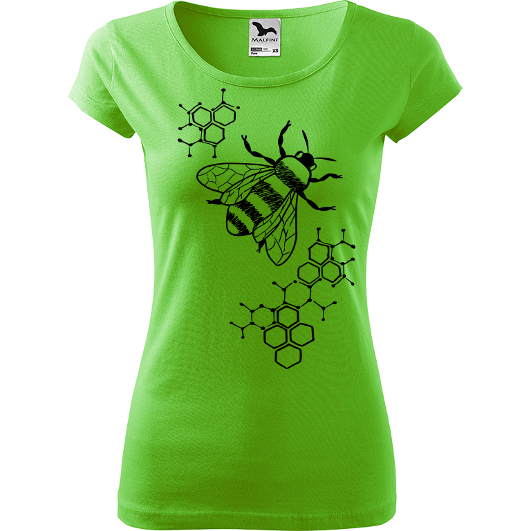 Ručně malované dámské bavlněné tričko - Včela - S plástvemi Barva trička: SVĚTLE ZELENÁ, Velikost trička: XS, Barva motivu: ČERNÁ