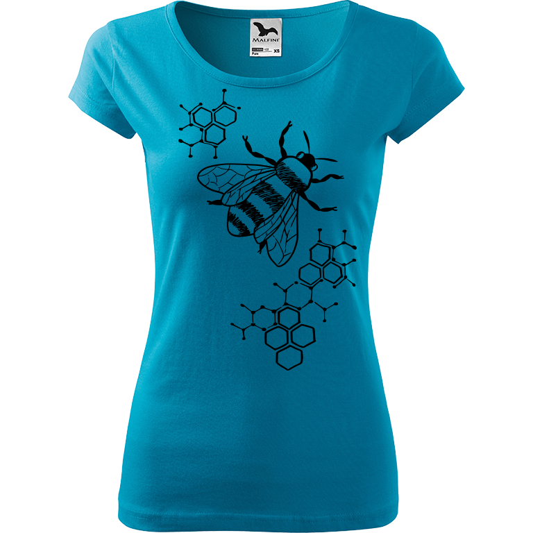 Ručně malované dámské bavlněné tričko - Včela - S plástvemi Barva trička: TYRKYSOVÁ, Velikost trička: XXL, Barva motivu: ČERNÁ