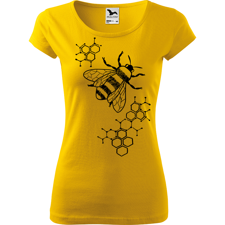 Ručně malované dámské bavlněné tričko - Včela - S plástvemi Barva trička: ŽLUTÁ, Velikost trička: XS, Barva motivu: ČERNÁ