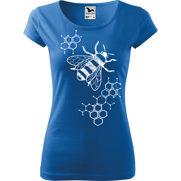 Ručně malované dámské bavlněné tričko - Včela - S plástvemi Barva trička: AZUROVÁ, Velikost trička: XL, Barva motivu: BÍLÁ