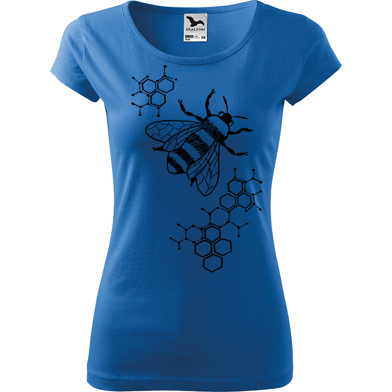 Ručně malované dámské bavlněné tričko - Včela - S plástvemi Barva trička: AZUROVÁ, Velikost trička: XS, Barva motivu: ČERNÁ