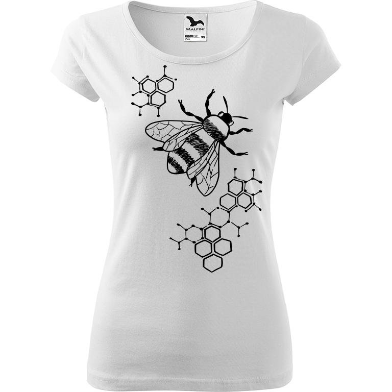 Ručně malované dámské bavlněné tričko - Včela - S plástvemi Barva trička: BÍLÁ, Velikost trička: XS, Barva motivu: ČERNÁ