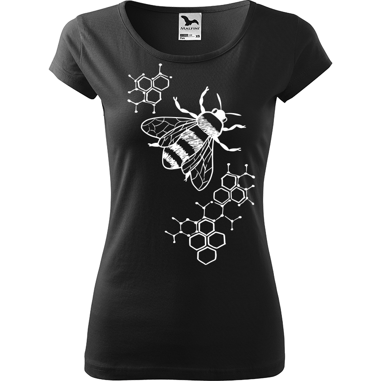 Ručně malované dámské bavlněné tričko - Včela - S plástvemi Barva trička: ČERNÁ, Velikost trička: XL, Barva motivu: BÍLÁ