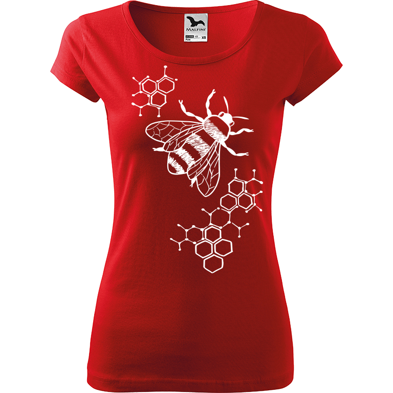 Ručně malované dámské bavlněné tričko - Včela - S plástvemi Barva trička: ČERVENÁ, Velikost trička: XS, Barva motivu: BÍLÁ