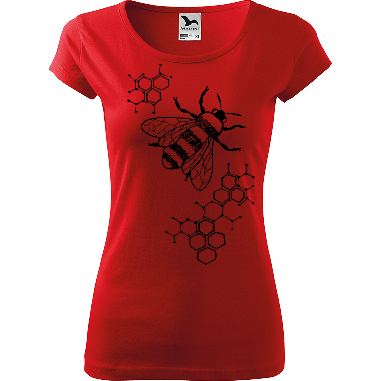 Ručně malované dámské bavlněné tričko - Včela - S plástvemi Barva trička: ČERVENÁ, Velikost trička: M, Barva motivu: ČERNÁ
