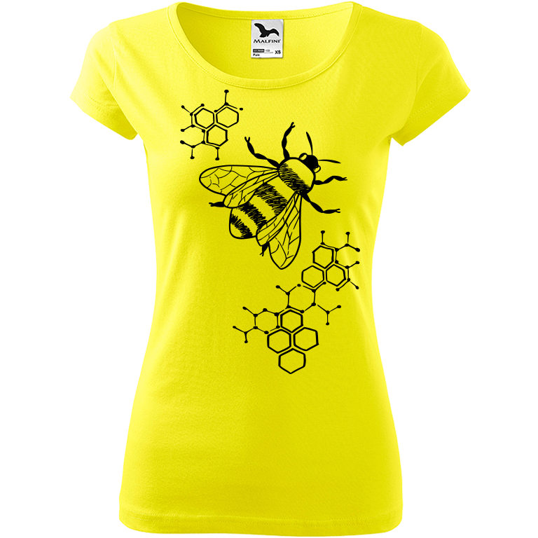 Ručně malované dámské bavlněné tričko - Včela - S plástvemi Barva trička: CITRONOVÁ, Velikost trička: M, Barva motivu: ČERNÁ