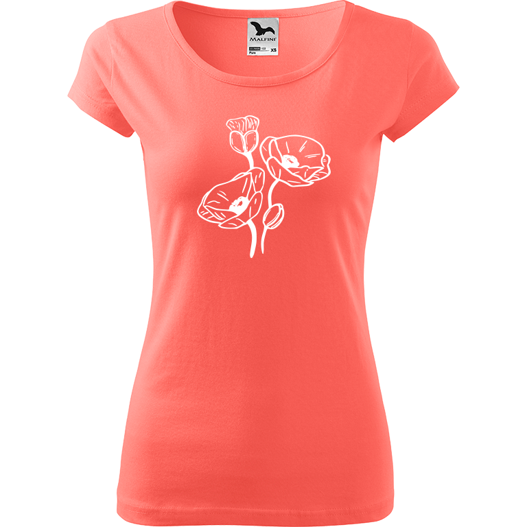 Ručně malované dámské bavlněné tričko - Vlčí máky Barva trička: KORÁLOVÁ, Velikost trička: XL, Barva motivu: BÍLÁ