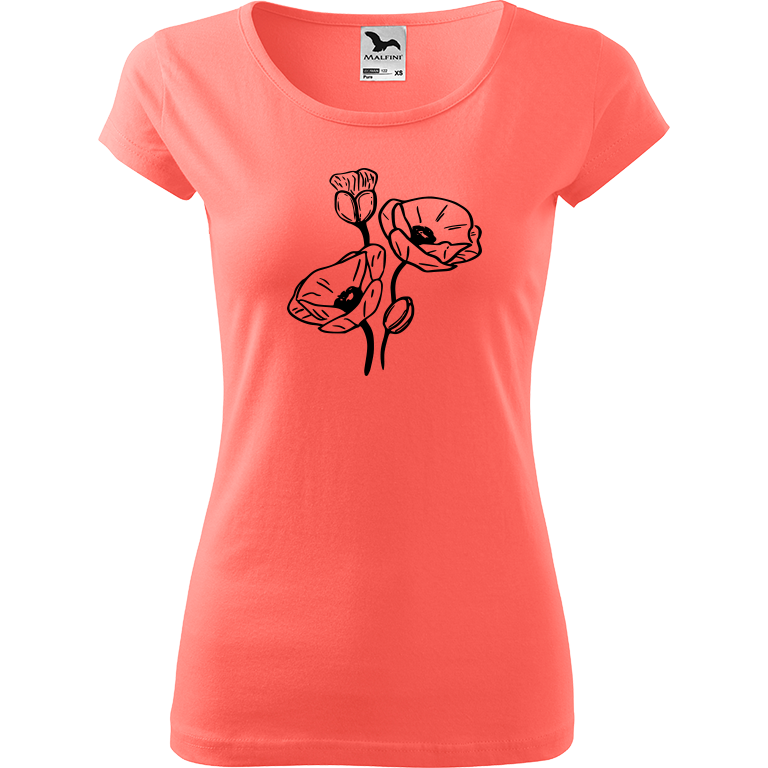 Ručně malované dámské bavlněné tričko - Vlčí máky Barva trička: KORÁLOVÁ, Velikost trička: XL, Barva motivu: ČERNÁ