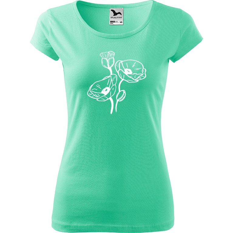 Ručně malované dámské bavlněné tričko - Vlčí máky Barva trička: MÁTOVÁ, Velikost trička: L, Barva motivu: BÍLÁ