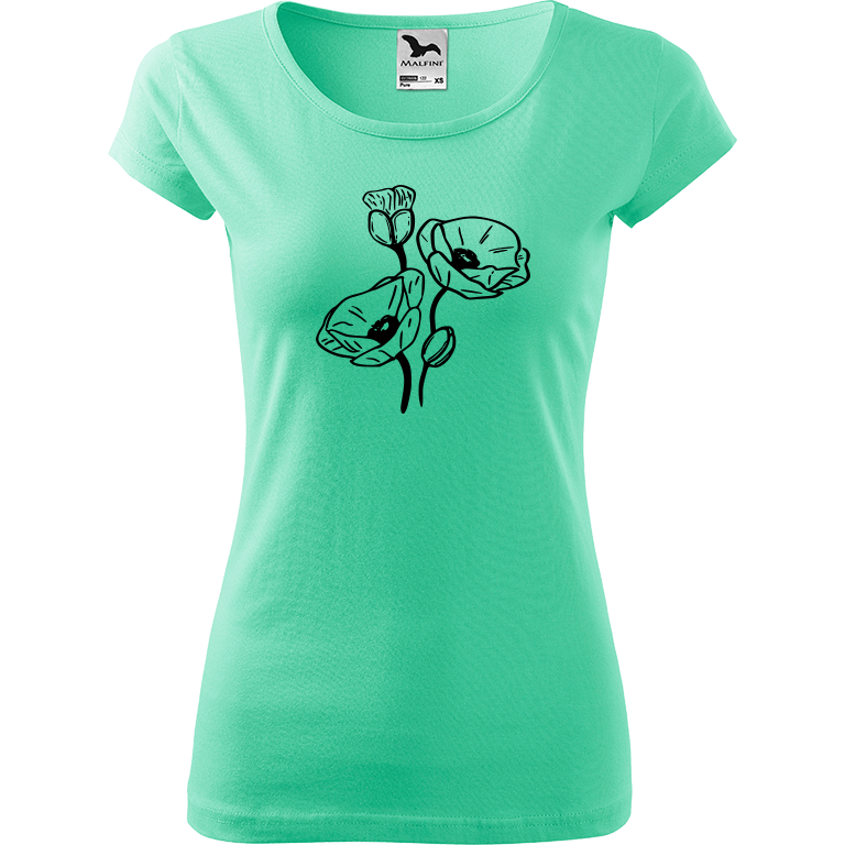 Ručně malované dámské bavlněné tričko - Vlčí máky Barva trička: MÁTOVÁ, Velikost trička: M, Barva motivu: ČERNÁ